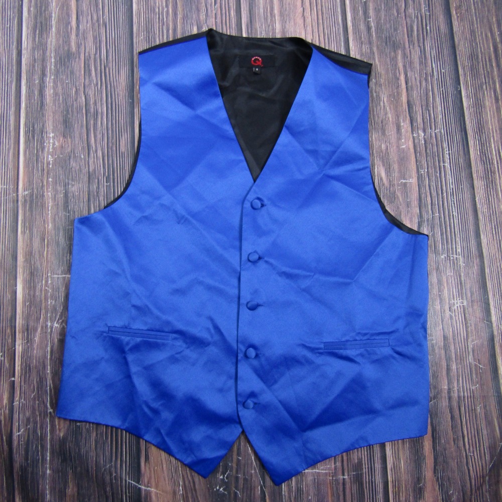 Brand Q Suit Vest Mens Small Blue Black Satin Formal Wedding Waistcoat 00144